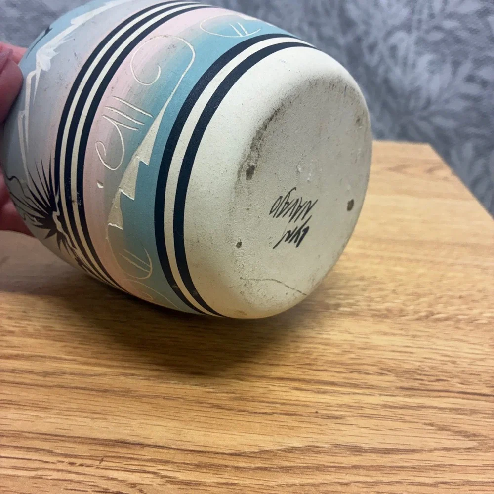 Lyn Navajo Pottery Vase Unisex Small Hand Painted Coyote Moon Desert Landscape